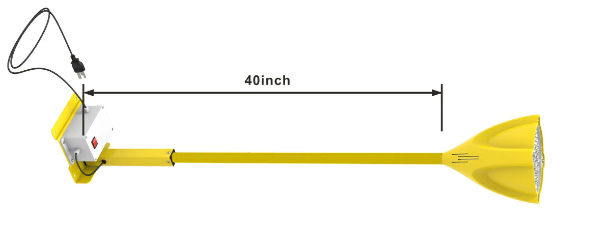 Yellow industrial lamp with an external power box and switch, the arm is indicated to be 40 inches long.