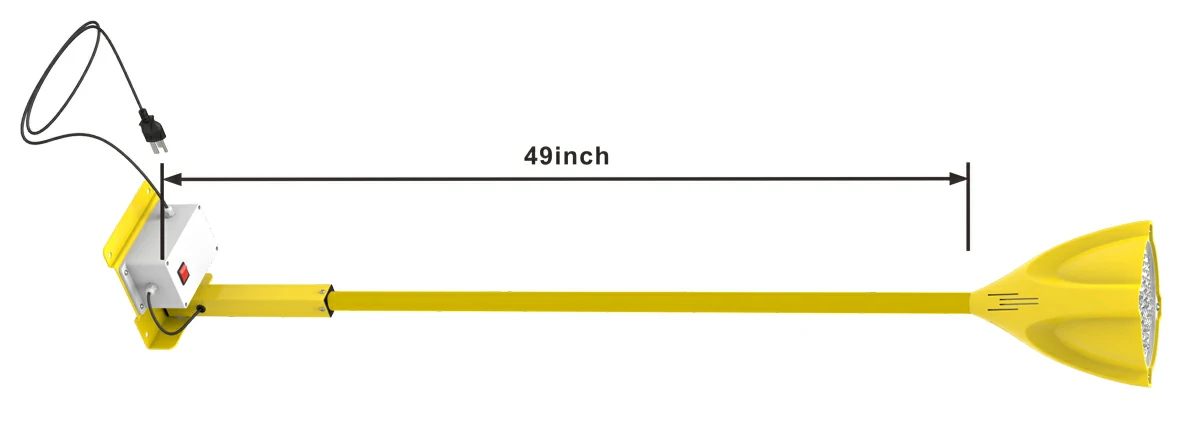 Yellow industrial lamp with an external power box and switch, the arm is indicated to be 49 inches long.