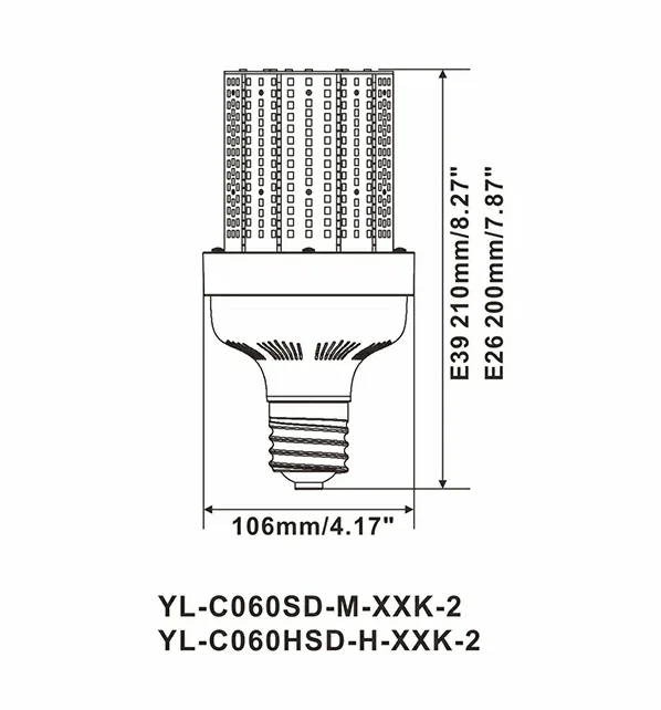 YouLumi YL-C060SD LED Corn Bulb Dimensions Diagram