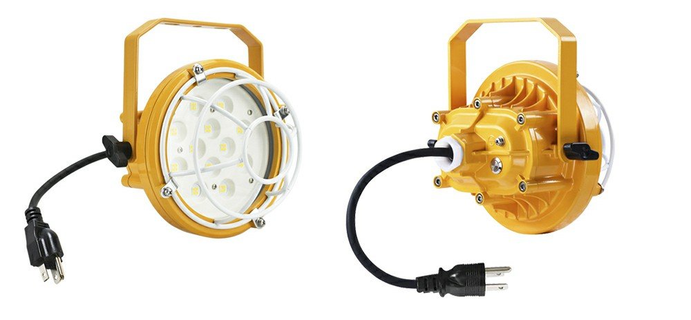 Front and rear views of YouLumi dock light head with integrated fan kit and NEMA 5-15P power cord.