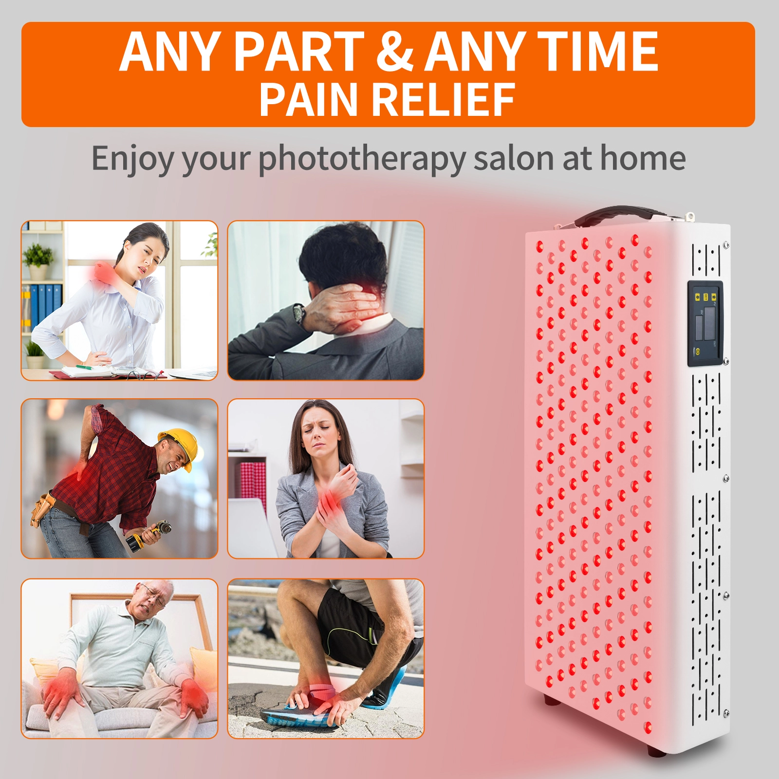Youlumi YL-IRP-002 red light therapy panel demonstrating pain relief for various body parts including neck, shoulder, back, wrist, knee, and ankle.