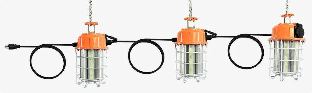 YouLumi temporary high-bay cage lamps daisy-chained via integrated outlets