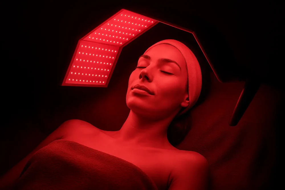 Red light therapy device in a clinic setting for large pores