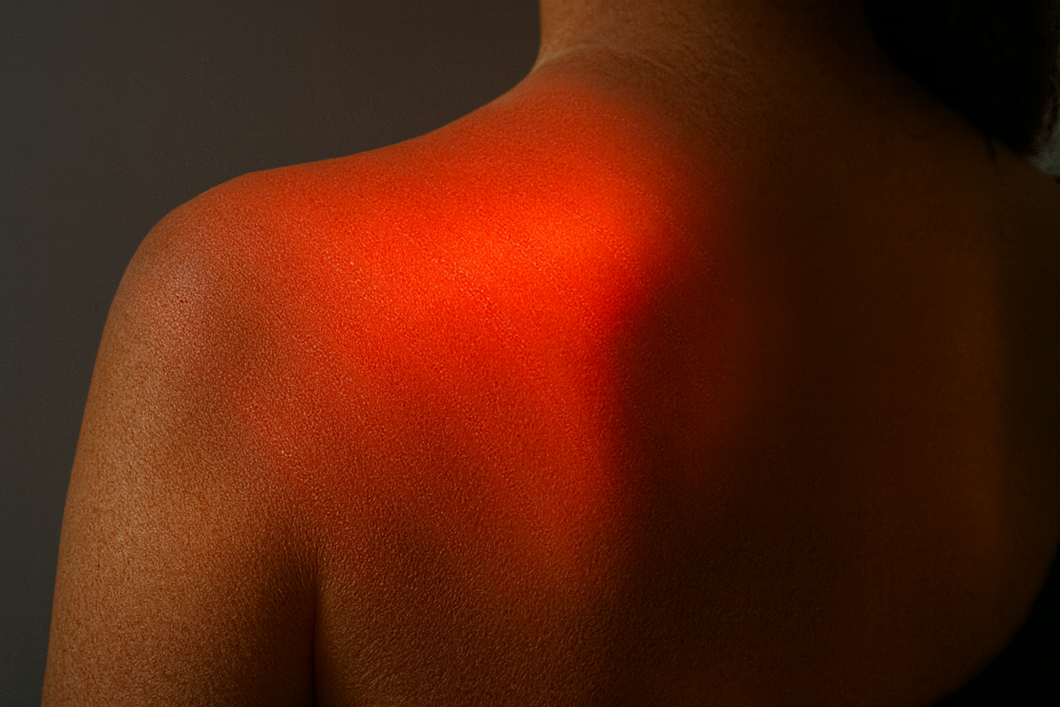Photorealistic close-up of a shoulder treated with red light therapy for eczema, showing calm and healthy skin under uniform therapeutic glow
