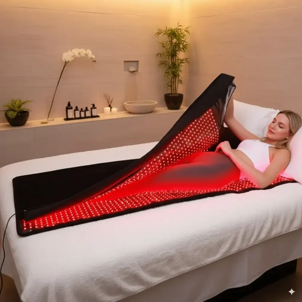 Woman relaxing in a spa using a red light therapy sleep bag for full-body wellness treatment