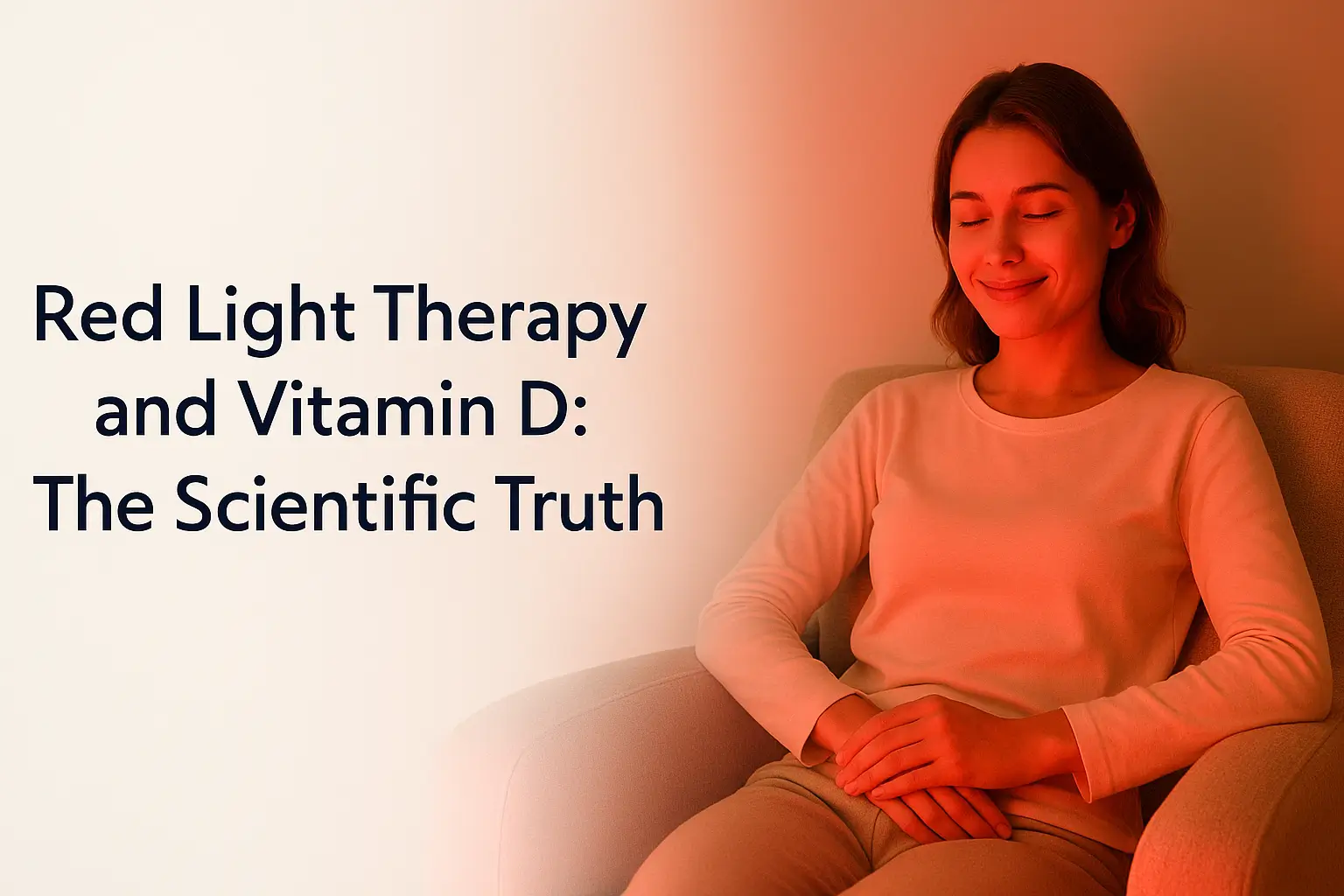 Young woman relaxing in a beige armchair, illuminated by warm red ambient light, illustrating the benefits of red light therapy for wellness without UV exposure, with article title ‘Red Light Therapy and Vitamin D: The Scientific Truth’ on the left.