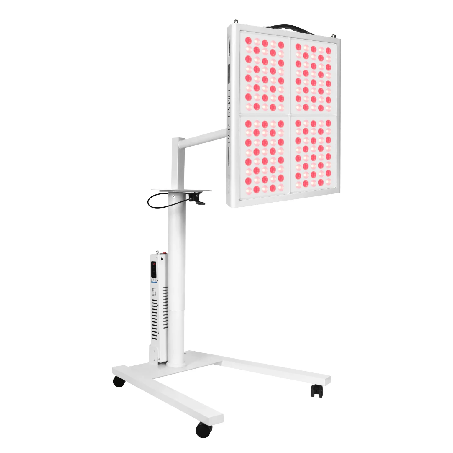Side angle view of YL-IRP010-04T red light therapy panel with stand and power controller