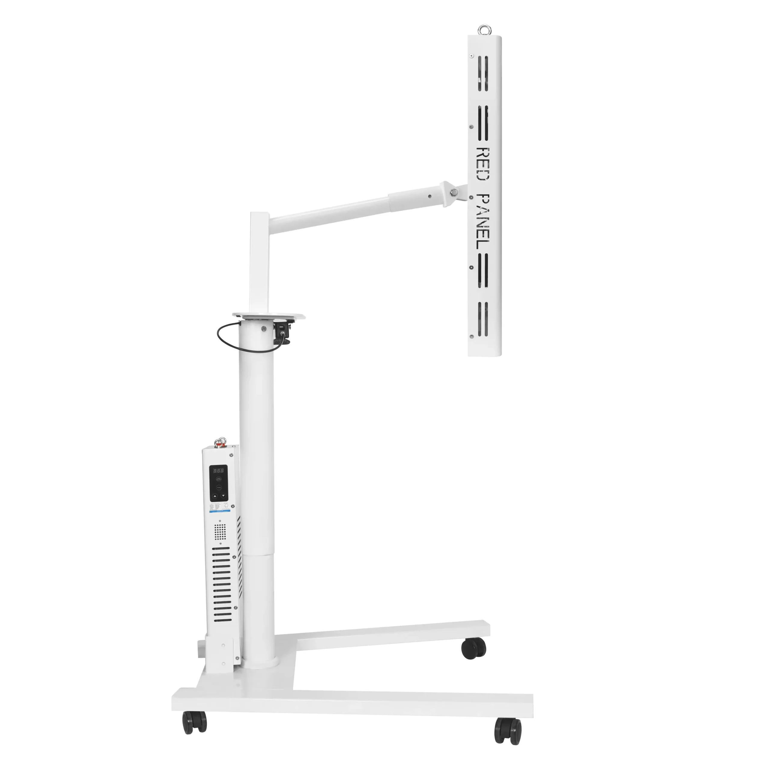 Side angle view of YL-IRP010-04T red light therapy panel with stand and power controller