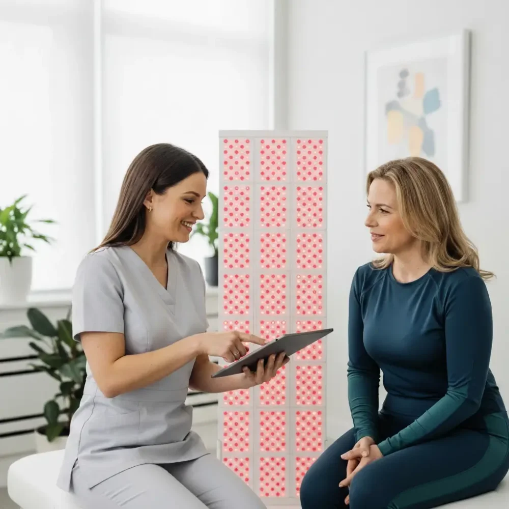 A staff member providing excellent customer service at a red light therapy clinic, a key part of the business operations.